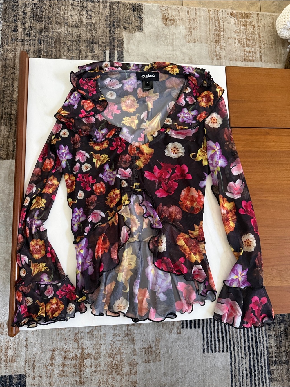 Desigual Black Sheer Floral Ruffle V-Neck Blouse